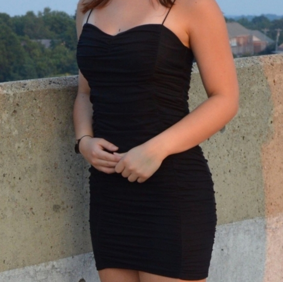 Black Ruched Bodycon Mini Dress Size S - Picture 1 of 2